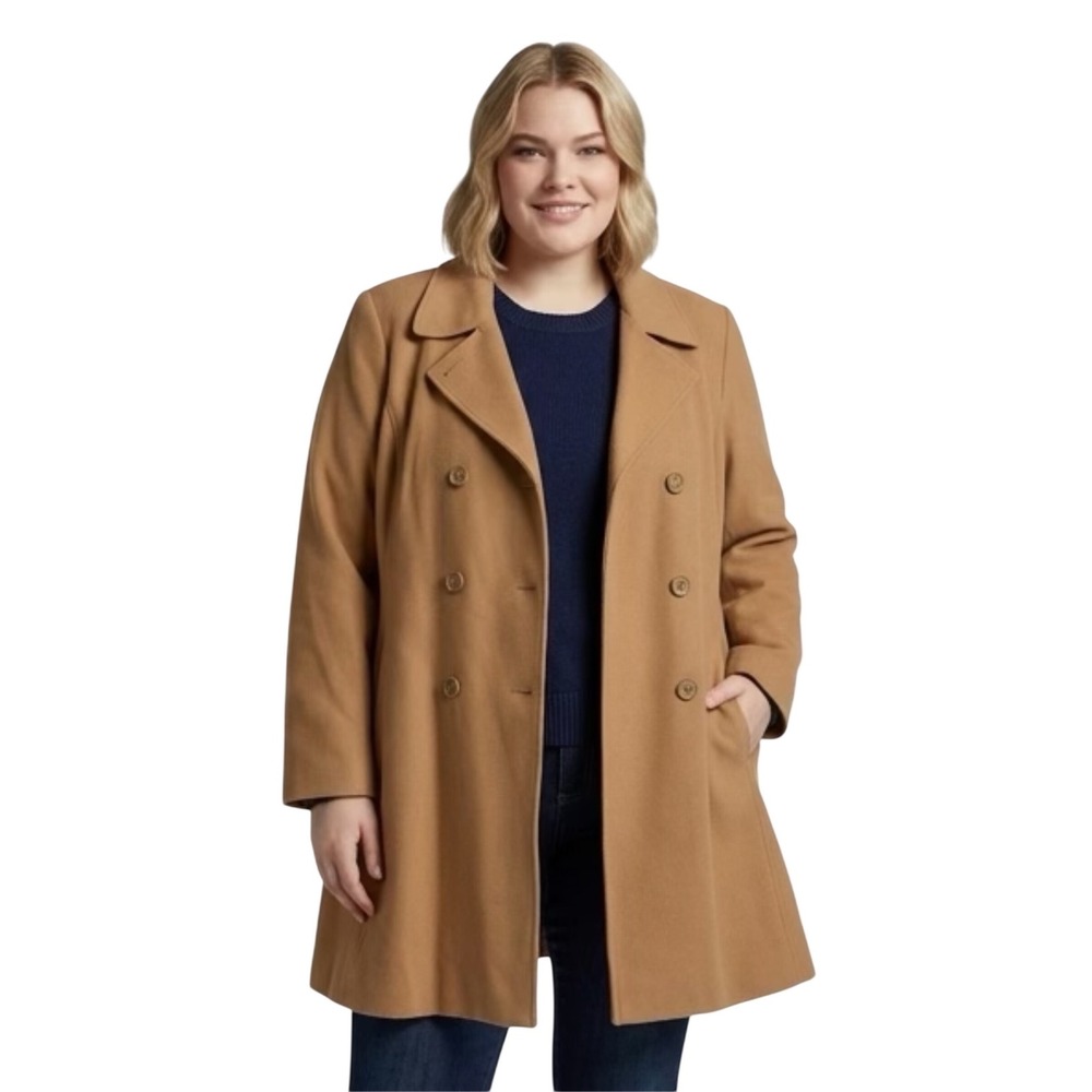 Louben Woman Camel Wool Pea Coat Tan Double Breasted Size 20W Made Canada